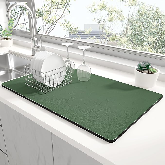 Rnivvi Dish Drying Mat for Kitchen Counter, 12 x 19" Super Absorbent Drainer Pad Easy Clean Dish Rack Pad, Non-Slip Heat Resistant Coffee Bar Mats for Coffee Machine Station Accessories, Forest Green by Rnivvi