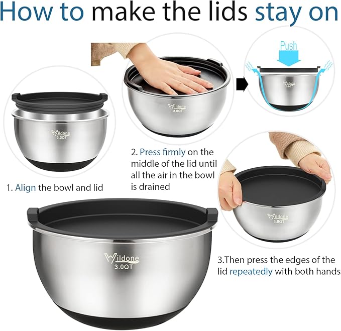 Wildone Mixing Bowls with Airtight Lids, Stainless Steel Nesting Mixing Bowls Set of 5, with Non-slip Silicone Bottoms, Size 8, 5, 3, 2, 1.5 QT, Stackable Design, Great for Mixing and Prepping - Image 7