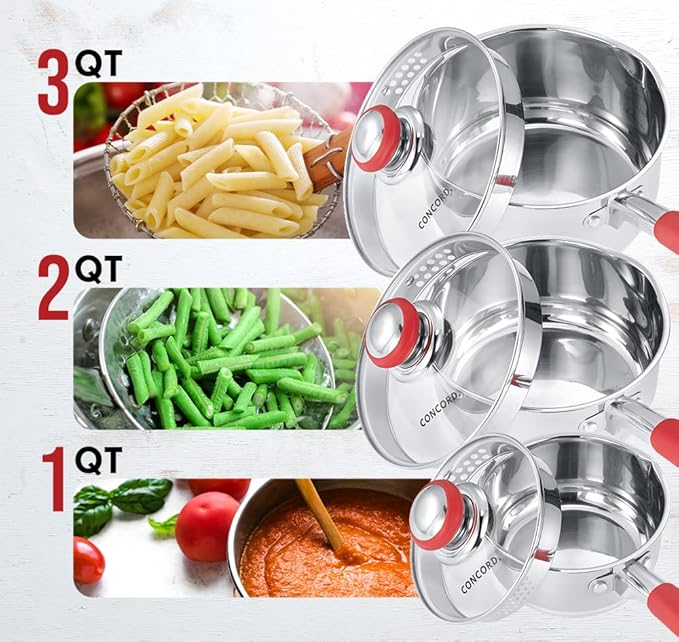 Concord 2 Quart Stainless Steel Saucepan with SIMPLE POUR Vented Glass Lid. Features Dual Pouring Spouts and Volume Marking. Perfect for making Sauces, Jam, Ramen, and more
