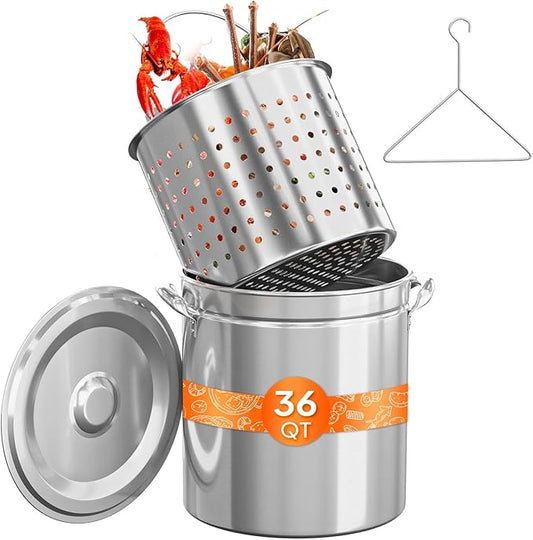ROVSUN 36QT Stainless Steel Seafood Boil Pot with Strainer Basket, Lid & Hook, Versatile Stock Pot for Crab, Lobster, Shrimp Boiling, Heavy-Duty Turkey Fryer for Outdoor Cooking & Gatherings by ROVSUN
