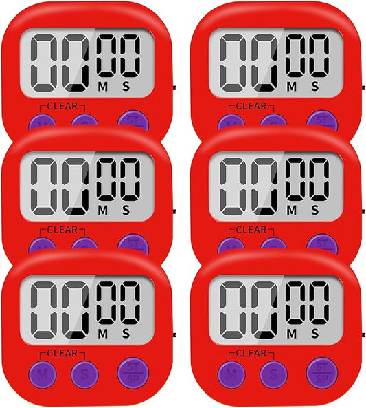 6 Pack Small Digital Kitchen Timer Magnetic Back and ON/Off Switch,Minute Second Count Up Countdown (Red) by LinkDm