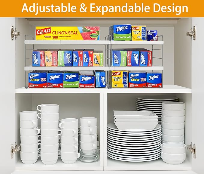 2 Pack Pantry Organization and Storage, Expandable Foil and Plastic Wrap Organizer, Adjustable Kitchen Wrap Organizer Rack for Cabinet, Foil Saran Wrap Holder Shelf for Sandwich Plastic Bags Box, - Image 2