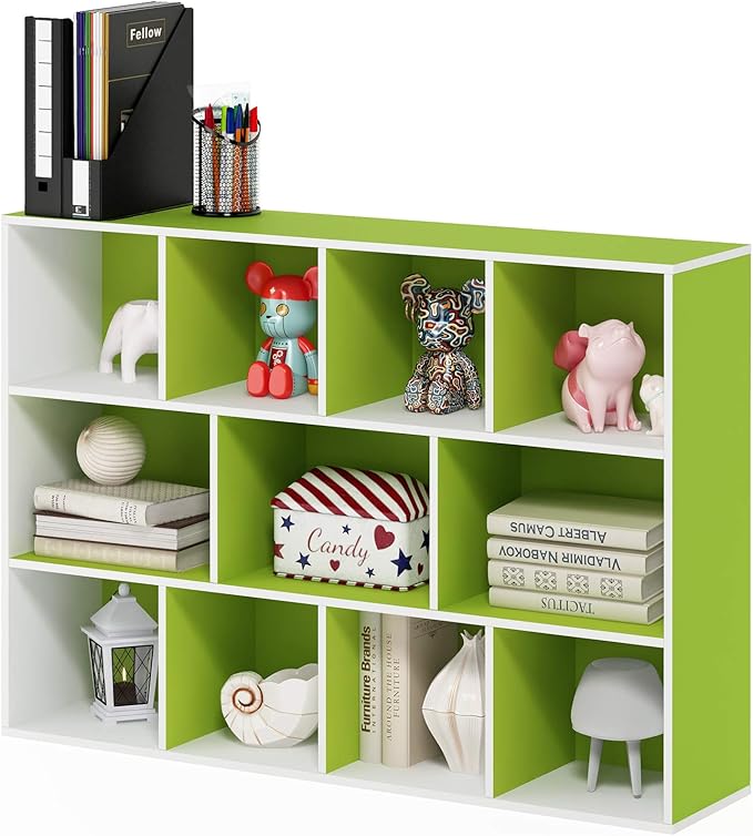 Furinno LUDER Book Shelf, 11-Cube Bookshelf, Reversible Bookcase, 9.4 x 29.1 x 41.7, Easy Assembly, for Living Room, Bedroom, Home Office, White/Green by Furinno-FitsYourSpaceFitsYourBudget