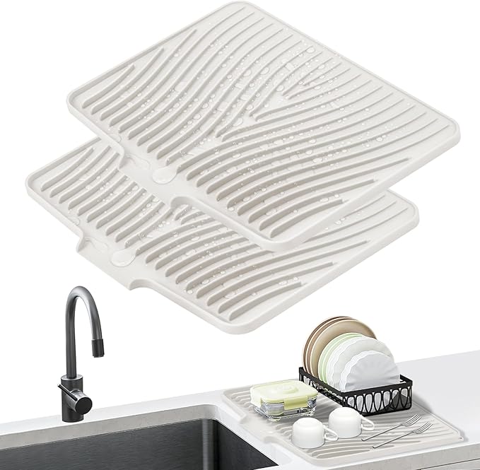 TIKNIK Silicone Dish Drying Mat, Stone Drying Mat for Kitchen Counter with Built-In Drain, Non-Slip Drain Pad with Built-in Drain, Heat Resistant Stone Drying Mat, Hangable, Cream-2pcs, 20" x 15" by TIKNIKHomeOutdoor
