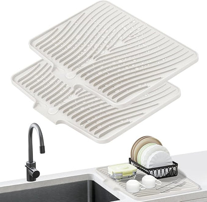 TIKNIK Silicone Dish Drying Mat, Stone Drying Mat for Kitchen Counter with Built-In Drain, Non-Slip Drain Pad with Built-in Drain, Heat Resistant Stone Drying Mat, Hangable, Cream-2pcs, 20" x 15" by TIKNIKHomeOutdoor