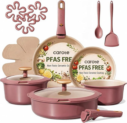CAROTE 19 Pcs Pots and Pans Set, Nonstick Cookware Sets with Detachable Handle, Titanium Reinforced, Oven Safe, Cookware Non Stick Cooking Set w/Frying Pans & Saucepans Red(PFOS, PFOA Free) by CAROTE