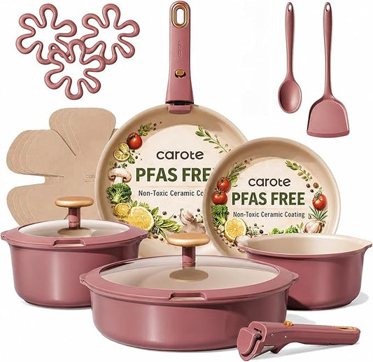 CAROTE 19 Pcs Pots and Pans Set, Nonstick Cookware Sets with Detachable Handle, Titanium Reinforced, Oven Safe, Cookware Non Stick Cooking Set w/Frying Pans & Saucepans Red(PFOS, PFOA Free) by CAROTE