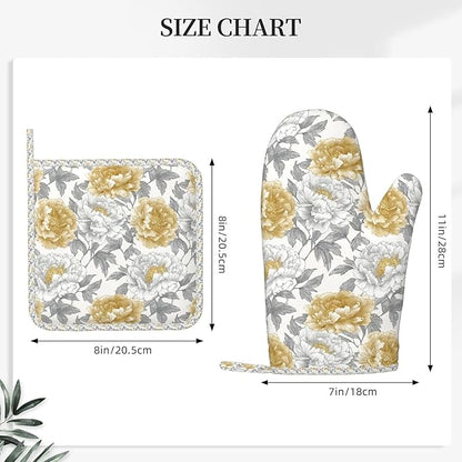 Oven Mitts and Pot Holders Vintage Flower Peony Floral Silicone Kitchen Accessories Set of 4 Heat Resistant Long Gloves Potholder Non-Slip Grip for Chef Cooking Baking Grilling BBQ