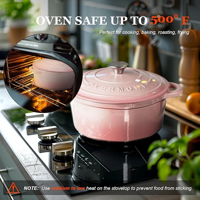 Overmont Enameled Cast Iron Dutch Oven - 7QT Pot with Lid Cookbook & Cotton Potholders - Heavy-Duty Cookware for Braising, Stews, Roasting, Sourdough Baking pink - Image 6