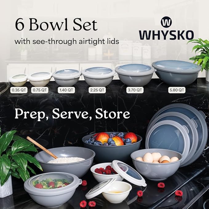 WHYSKO Mixing Bowl Set, 12 Piece Colorful Plastic Mixing Bowls with Lids Set for Food Prep Storage and Serving, Microwave and Dishwasher Safe for Kitchen Baking Cooking - Image 2