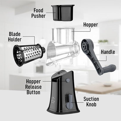 Zulay Kitchen Rotary Cheese Grater 5 Blade Cheese Shredder - Manual Hand Crank Cheese Grater With Reinforced Suction & 5 Interchangeable Drums - Easy to Use, Vegetable Chopper Round Mandoline Slicer - Image 8
