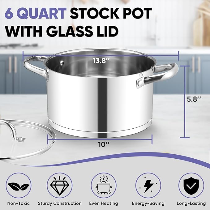 TeamFar 6QT Stainless Steel Stock Pot, Tri-ply Base Cooking Pasta Sauce Soup Pot with Glass Lid for Induction/Gas/Ceramic Stoves, Transparent Cover & Double Handles, Heavy Duty & Dishwasher Safe - Image 2