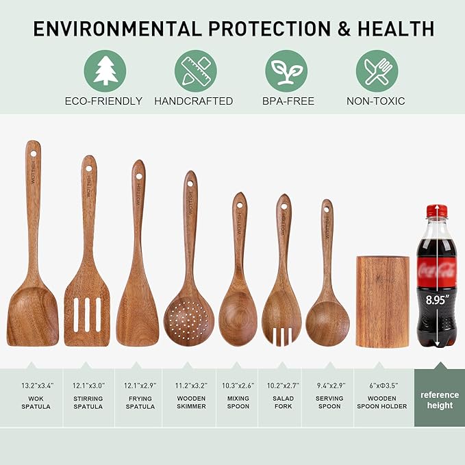 Wooden Spoons for Cooking - 8-Piece Wooden Kitchen Utensil Set made of Natural Solid Wood Material-Includes Spoons,Spatulas,Ladles,Mixing Spoon and Utensil Holder,Valentine's Day Gifts - Image 7