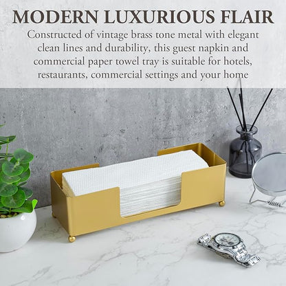 MyGift Modern Brass Tone Metal Tabletop Folded Hand Towel Holder, Commercial Countertop Tissue Dispenser Tray for Trifold, C-Fold and Z-Fold Towels, Set of 2