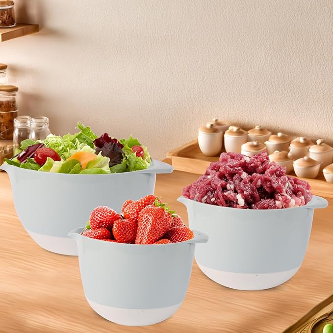 3 Plastic Mixing Bowls with Lids,Pour Spout,TPR Bottom,Mixing Bowl Set,Deep Nesting Small Batter Bowl for Serving,Prep,Baking,Non Slip,Dishwasher Safe,Easy to Grip/Spout,Pale Blue