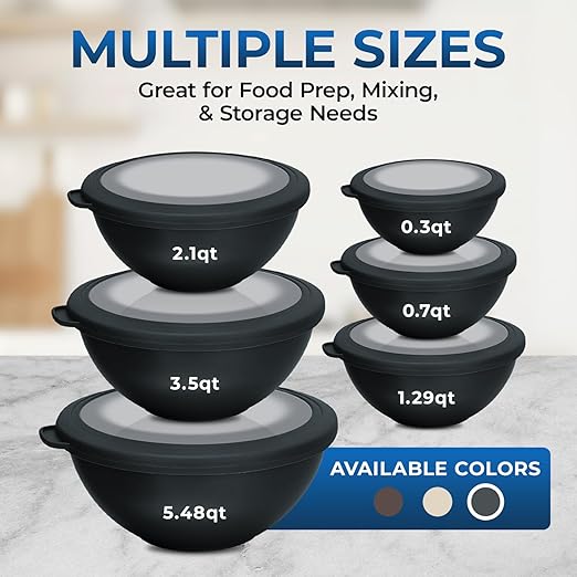 Bakken Master 12 Piece Plastic Nesting Bowls with Lids - Mixing Bowls Set includes 6 Prep Bowls and 6 Lids, BPA-Free, Reusable Meal Prep Containers, Microwave, Freezer & Dishwasher Safe, Gray - Image 6
