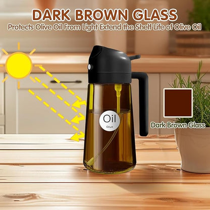 16oz/470ml Glass Olive Oil Sprayer for Cooking - 2 in 1 Olive Oil Dispenser for Kitchen Gadgets, Air Fryer, Salad, and BBQ (black)
