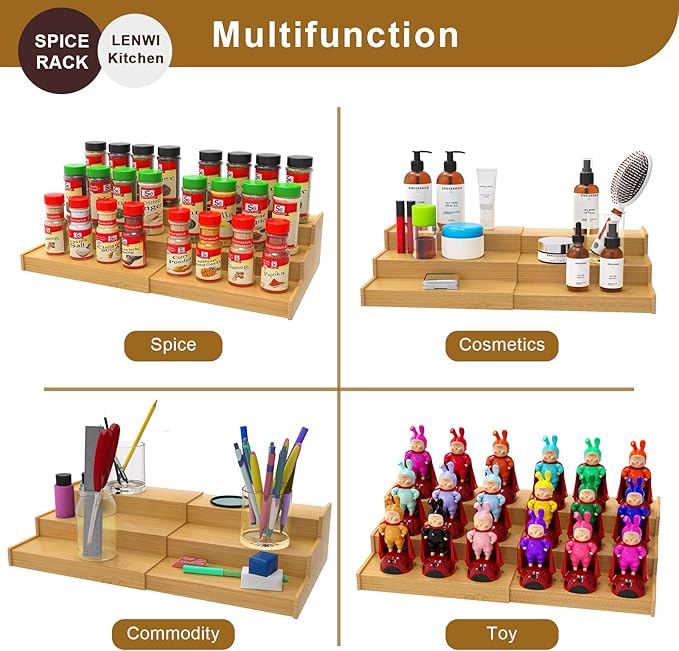 Lenwi Spice Rack Organizer for Cabinet, 3 Tier Expandable Bamboo Spice Storage for Kitchen Cupboard Pantry - Image 3