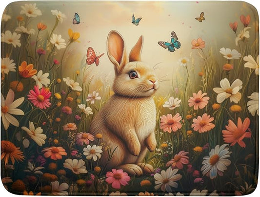Giwawa Easter Bunny Dish Drying Mat Flower Butterfly Kitchen Drainer Mat 18x24 inch Absorbent Reversible Dish Rack Pad for Counter Tabletop Decor