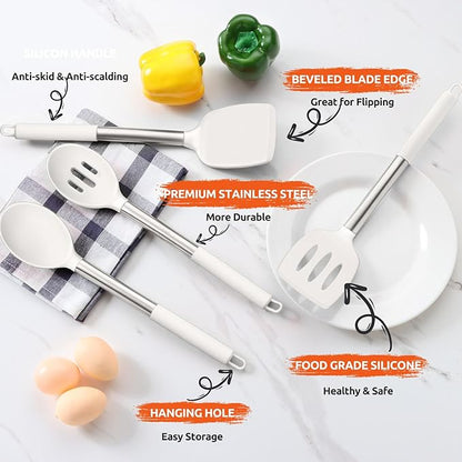 E-far Cooking Utensils Set of 4, Silicone Kitchen Utensils for Non-stick Cookware, Heat Resistant & Non-toxic Slotted Spatula Solid Spoon Turner for Flipping Mixing Serving Basting(White) - Image 4