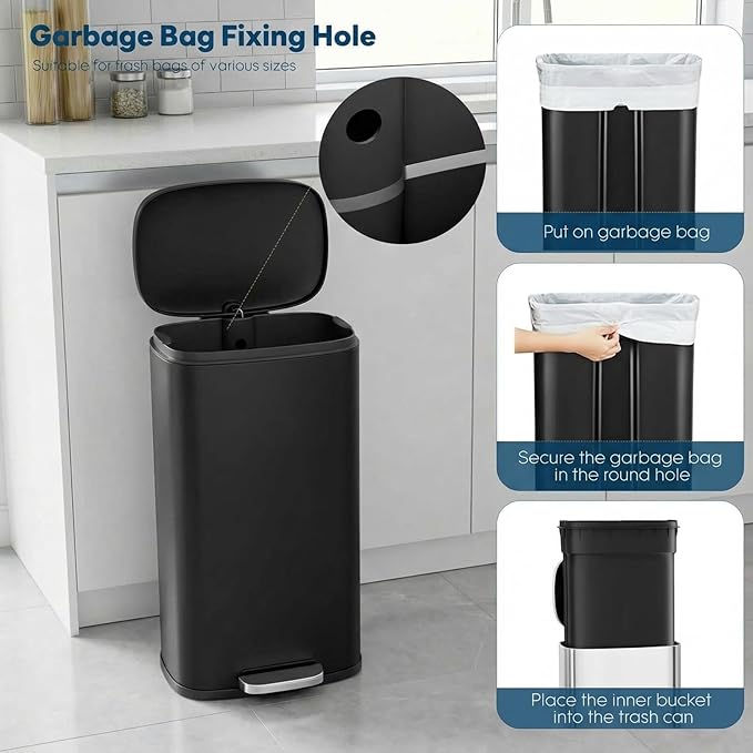 13.2 Gal Kitchen Trash Can, 50L Recycling or Garbage Bin, Brushed Stainless Steel Waste Basket, Soft&Quiet Close Dustbin, with Step-On Pedal, Removable Inner Bucket, for Home, Office, Living Room