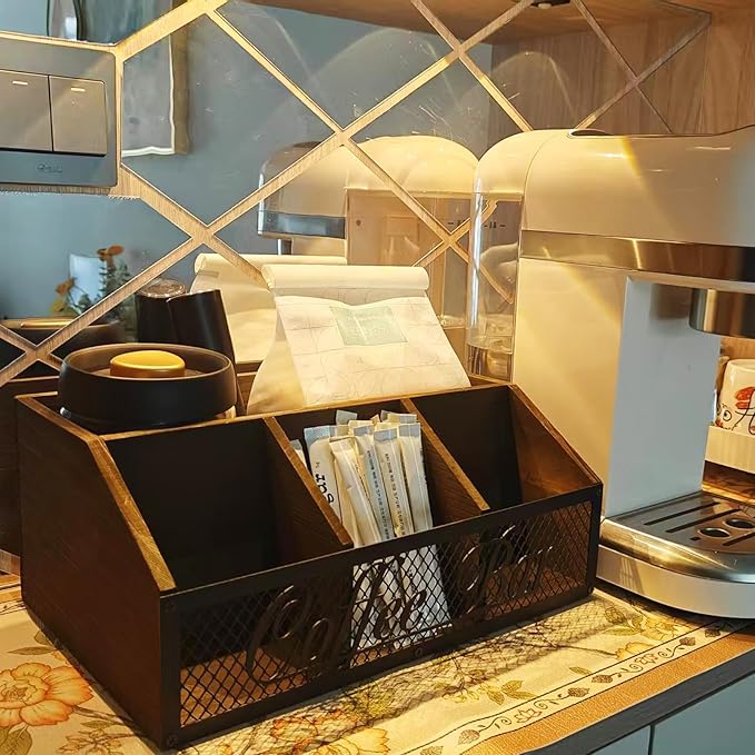Coffee Station Organizer, Rustic Countertop Coffee Bar Accessories, 4 Compartments for Pods, Syrup, Stirrer, Tea Bags - Coffee Condiment Station Storage for Home and Office-Vintage Brown - Image 5
