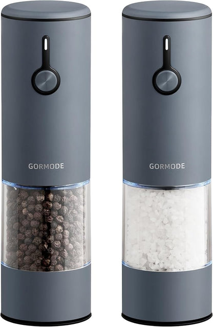 Stainless Steel Electric Salt and Pepper Grinder Set (Wedgwood Blue) - 2 Pack Rechargeable Mills with LED Light, 6 Adjustable Grind Modes & Rustproof Design - Premium Kitchen Tool with USB-C Charging by GORMODEOfficial