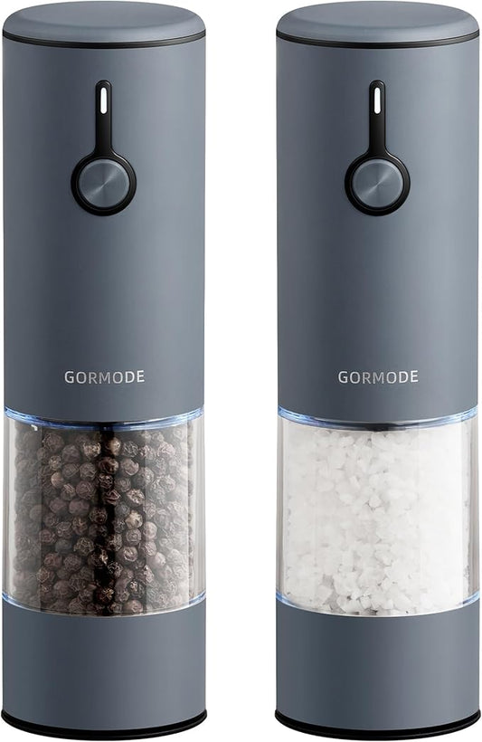 Stainless Steel Electric Salt and Pepper Grinder Set (Wedgwood Blue) - 2 Pack Rechargeable Mills with LED Light, 6 Adjustable Grind Modes & Rustproof Design - Premium Kitchen Tool with USB-C Charging by GORMODEOfficial