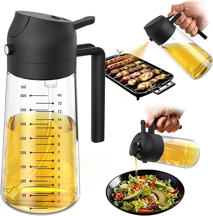 TrendPlain 16oz/470ml Glass Olive Oil Sprayer for Cooking – 2 in 1 Olive Oil Dispenser Bottle for Kitchen Gadgets and Air Fryer Accessories, Salad, BBQ - Black by TrendPlain