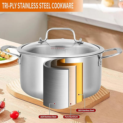 DELARLO Tri-Ply Stainless Steel 6QT Pot with Lid, Induction Ready, 6 Quart with Lid, Durable, Noodle Pot, 18/10 Heavy Duty for Cooking, Suit for All Stove, Up to 600℉(Lids 300℉) - Image 2