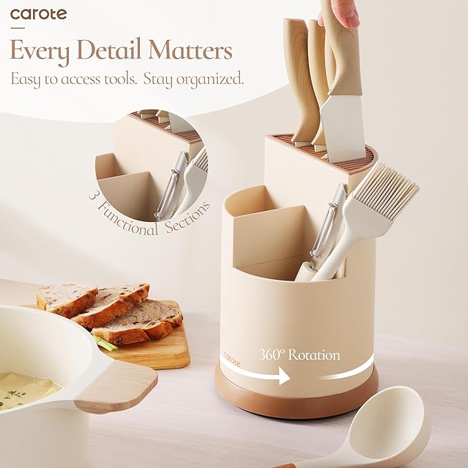 CAROTE 13Pcs Kitchen Utensils Set with 360 Rotating Knife Block, Heat Resistant Cooking Utensils with Wooden Handle, Nonstick Ceramic Surface, Cream White - Image 3