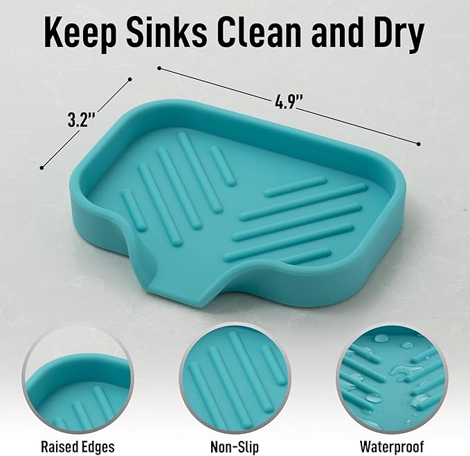 Zulay Kitchen Small Silicone Sponge Holder (4.9x3.3”) – Space-Saving Sink Organizer Tray for Sponge, Soap, Brush & More – Compact Non-Slip Dish for Kitchen & Bathroom (Aqua Sky) - Image 4