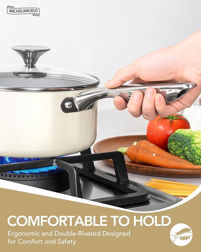 MICHELANGELO Pots and Pans Set Non Stick - Titanium Cookware Set Non Toxic Ceramic Coating, 8-Pcs Nonstick Pots and Pans with Ergonomic Handle, Dishwasher Safe & Induction Compatible, Cream - Image 6