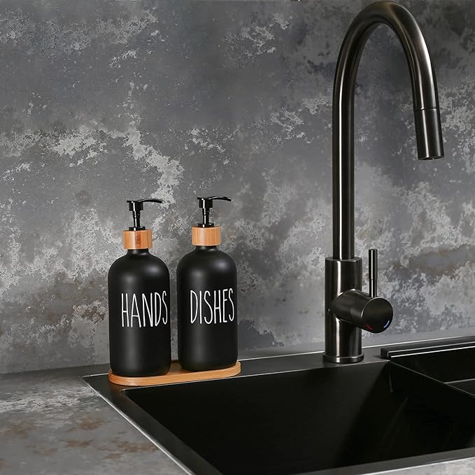 MOMEEMO Black Soap Dispenser Set, Contains Hand and Dish Soap Dispenser, Suitable for Kitchen Decor. (Black) - Image 3