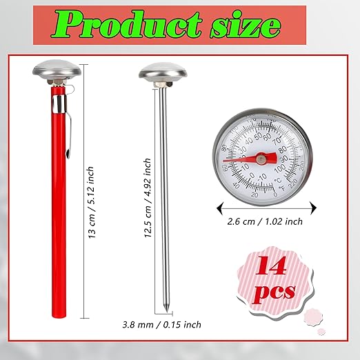14 Pcs Stainless Steel Food Thermometer with 1 Inch Dial Pocket Kitchen Thermometer Instant Read for Milk Foam Frothing Meat Coffee Drinks Chocolate Water Oven Cooking Probe Long Stem