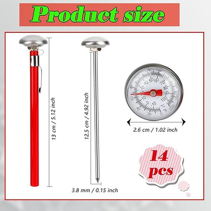14 Pcs Stainless Steel Food Thermometer with 1 Inch Dial Pocket Kitchen Thermometer Instant Read for Milk Foam Frothing Meat Coffee Drinks Chocolate Water Oven Cooking Probe Long Stem