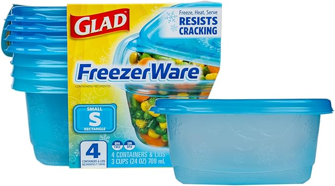 Glad GladWare FreezerWare Food Storage Containers with Lids, Small Rectangle BPA Free Plastic for Freezing Soups and Meal Prep, Crack Resistant, Microwave Dishwasher Safe, 24 Oz, 4 Count by GladTrashFoodStorage