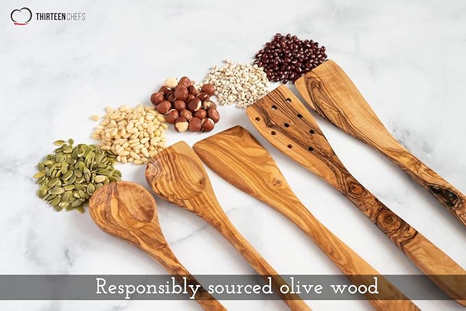 Tramanto Olive Wood Utensil Set - 5 Piece Spatula and Spoon Wooden Cooking Tools, 12 Inch Long, Rustic Hand Made with Gift Box