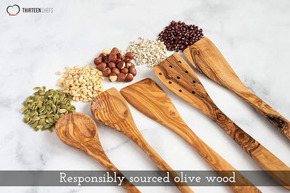 Tramanto Olive Wood Utensil Set - 5 Piece Spatula and Spoon Wooden Cooking Tools, 12 Inch Long, Rustic Hand Made with Gift Box