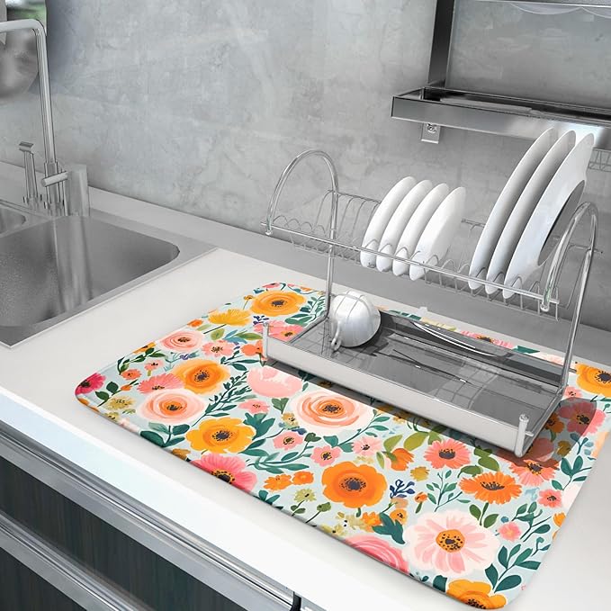 Watercolor Flower Dish Drying Mat - Pink Floral Drying Mat for Kitchen Counter 18 X 24 In - Image 5