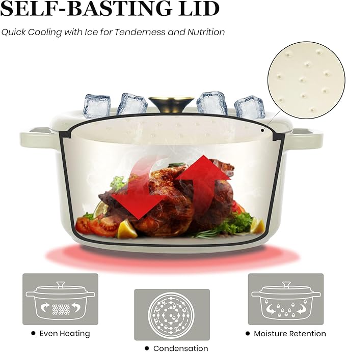 Overmont Enameled Cast Iron Dutch Oven - 5QT Pot with Lid Cookbook & Cotton Potholders - Heavy-Duty Cookware for Braising, Stews, Roasting, Sourdough Baking Cream white - Image 2