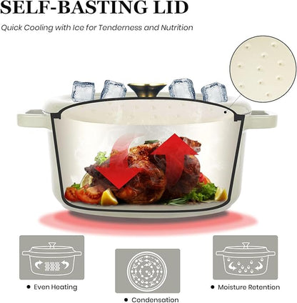 Overmont Enameled Cast Iron Dutch Oven - 5QT Pot with Lid Cookbook & Cotton Potholders - Heavy-Duty Cookware for Braising, Stews, Roasting, Sourdough Baking Cream white - Image 2