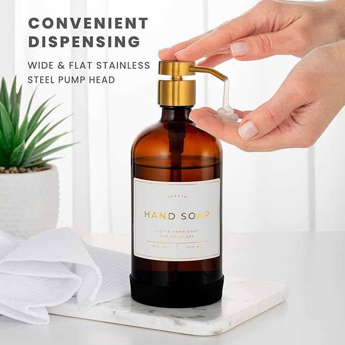 Hand and Dish Soap Dispenser for Kitchen and Bathroom, Set of 2 16 Oz Glass Bottles, Stainless Steel Pumps, Non-Slip Silicone Base, 27 Waterproof Labels (Amber Bottle/Brushed Gold Pump) - Image 4