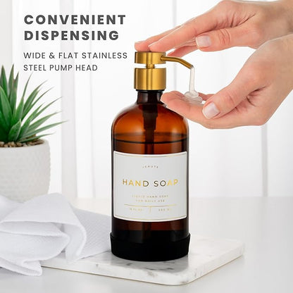Hand and Dish Soap Dispenser for Kitchen and Bathroom, Set of 2 16 Oz Glass Bottles, Stainless Steel Pumps, Non-Slip Silicone Base, 27 Waterproof Labels (Amber Bottle/Brushed Gold Pump) - Image 4