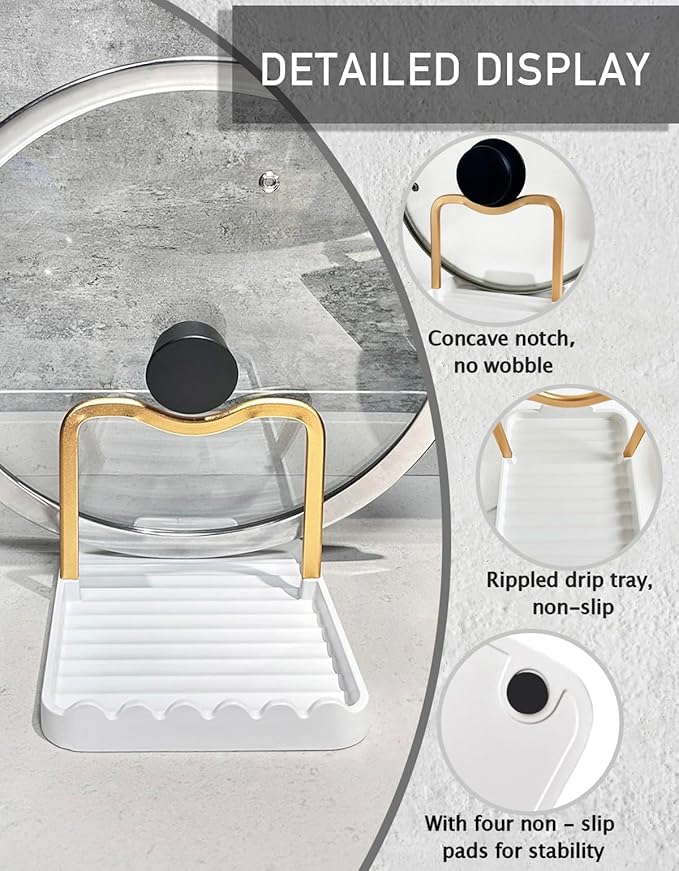 Anti-Rust Metal Spoon Rest with Lid Holder, Heat-Resistant Pot Lid Rest, Multifunctional Spatula Holder While Cooking for Stovetop and Kitchen Counter – Gold White - Image 5