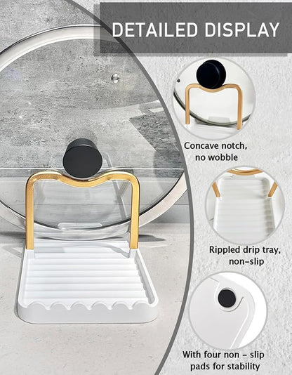 Anti-Rust Metal Spoon Rest with Lid Holder, Heat-Resistant Pot Lid Rest, Multifunctional Spatula Holder While Cooking for Stovetop and Kitchen Counter – Gold White - Image 5