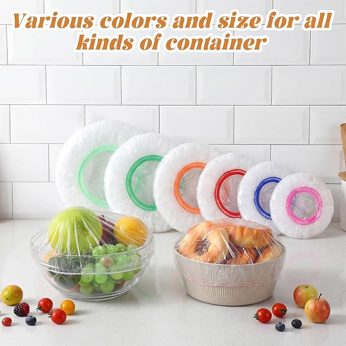 200 Pcs 6 Size Plastic Bowl Covers with Elastic Bulk, Reusable Bowl Covers Disposable Food Storage Plastic Wrap for Kitchen Leftovers Outdoors Picnic (Vivid Colors)