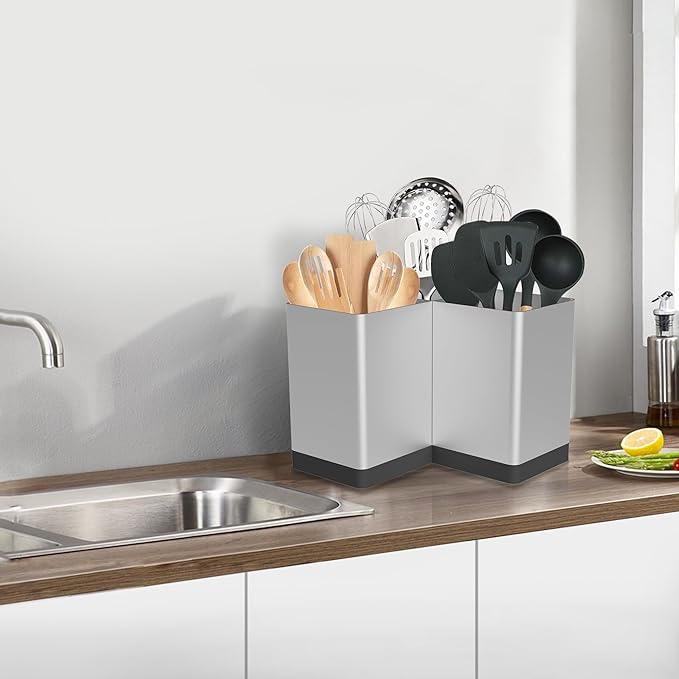 Suli Utensil holder,Kitchen Utensil Organizer for Corner Countertop,Extra Large Silverware Organizer with 3 Compartments,Farmhouse Decor,Iron,Silvery - Image 5