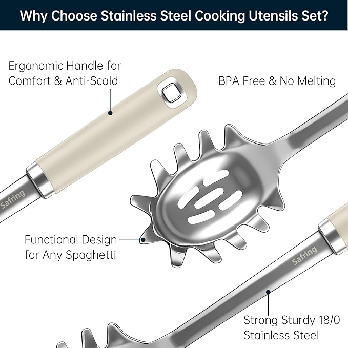 Safring Stainless Steel Soup Ladle and Spaghetti Spoon Set, Heat Resistant Rubber Handle, Dishwasher Safe, Kitchen Utensils for Cooking, Stirring, Serving Pasta, Soup & Sauce (Beige) - Image 3