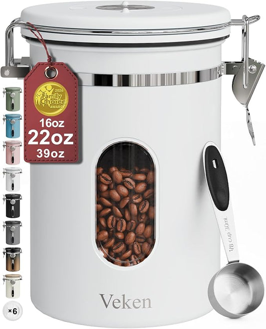Veken Coffee Canister with Window, Airtight Stainless Steel Kitchen Food Storage Container with Lids, Date Tracker and Scoop for Grounds Coffee, Beans, Tea, Flour, Cereal, Sugar Jars, 22OZ, White by Veken